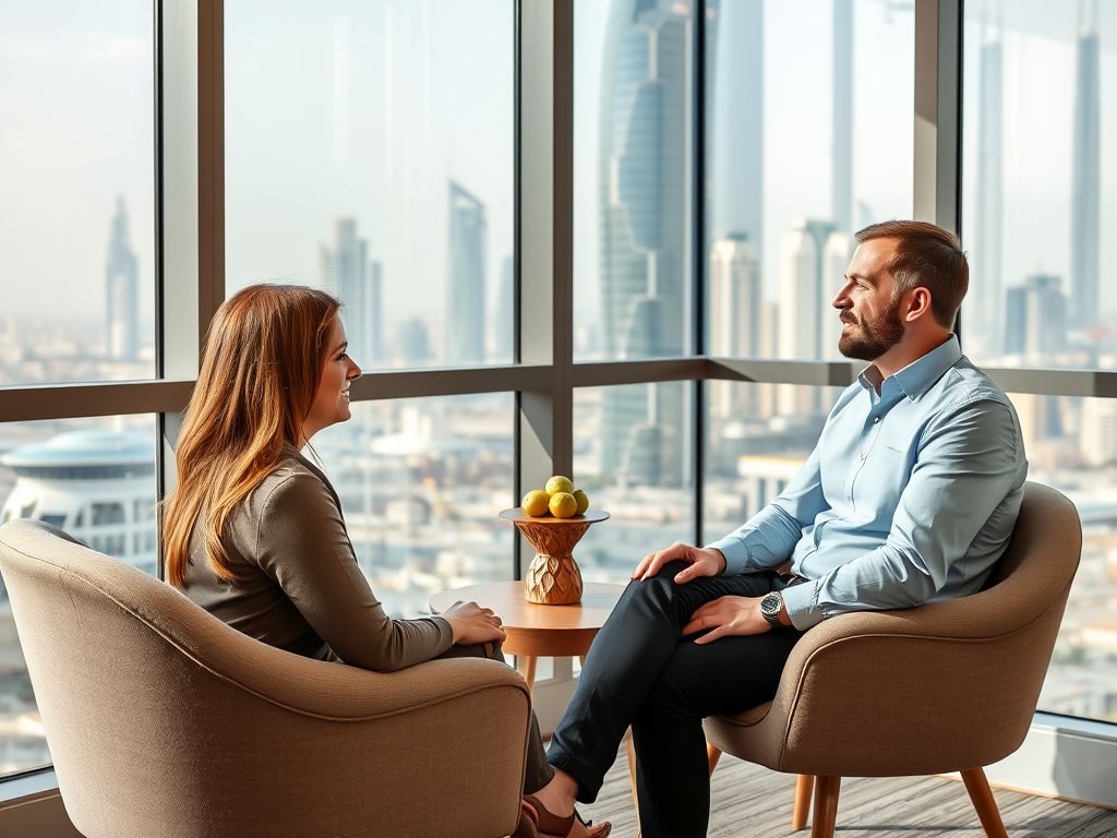 A man and a woman sit in armchairs, chatting with a city skyline view and a fruit bowl between them.