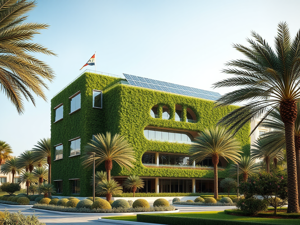 A modern, green building covered in plants, featuring solar panels and surrounded by palm trees and landscaped gardens.