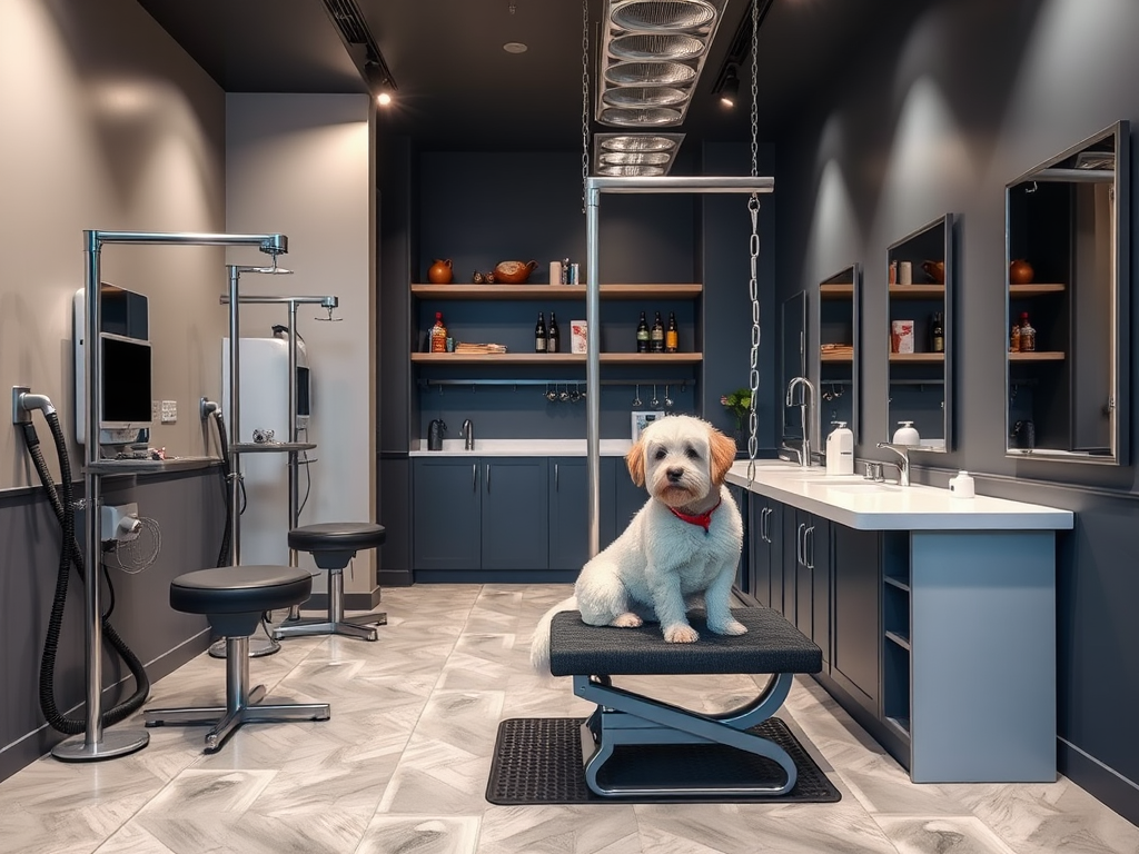 A dog with a red collar sits on a grooming table in a modern pet grooming salon with various equipment.