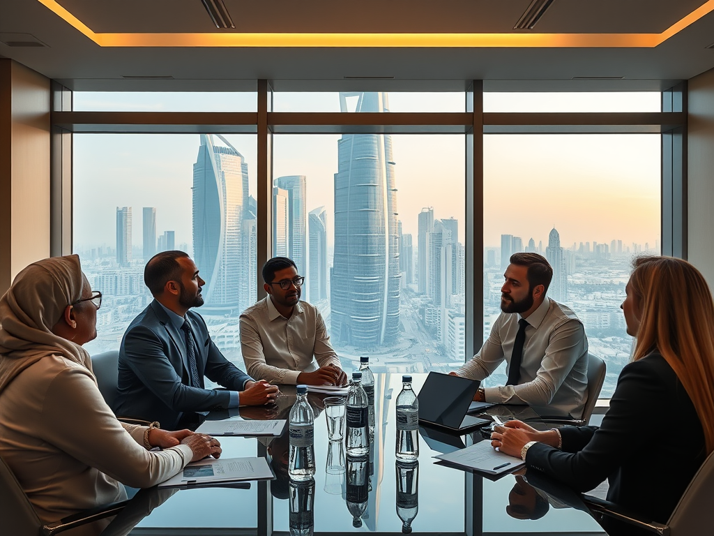 A diverse group of professionals in a modern office, engaged in discussion with a city skyline in the background.