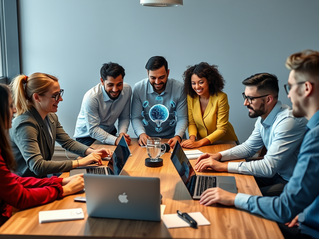 A diverse group of professionals collaborating around a table with laptops, focused on a shared digital display.