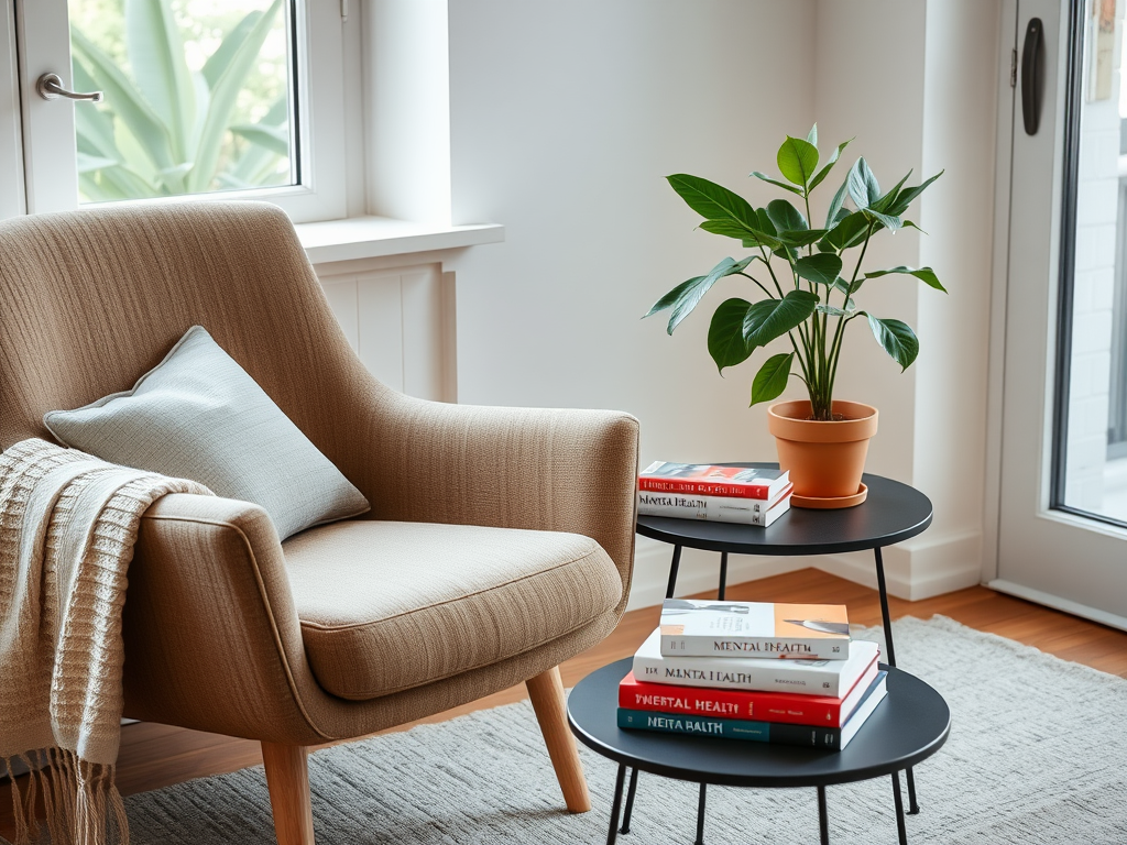 A cozy living space with a beige armchair, a potted plant, and stacked books on a coffee table. Natural light filters in.