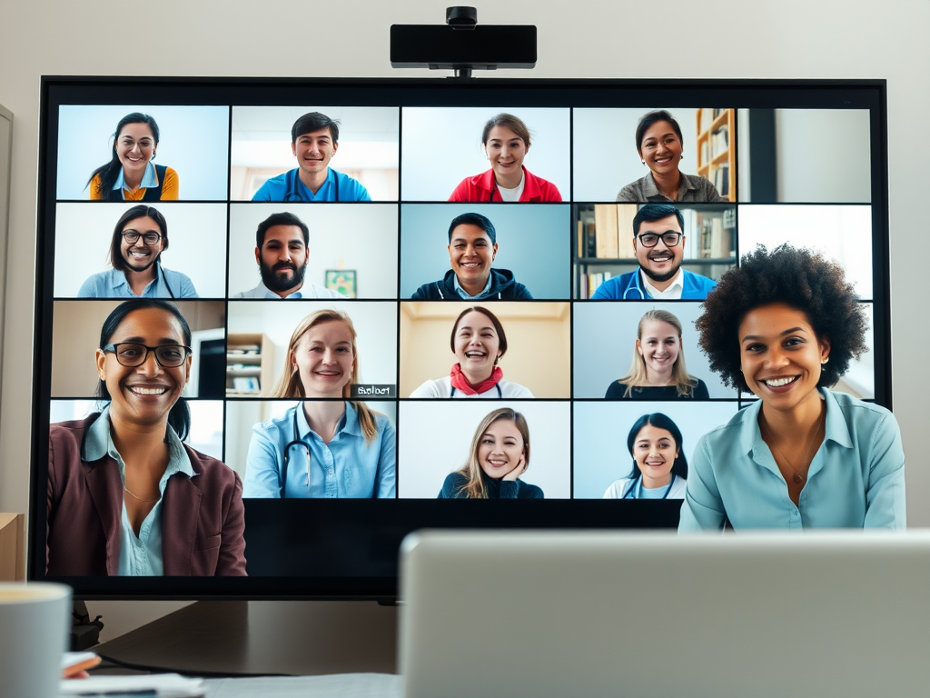 A smiling diverse group of people in a video call displayed on a large screen, enjoying a virtual meeting.