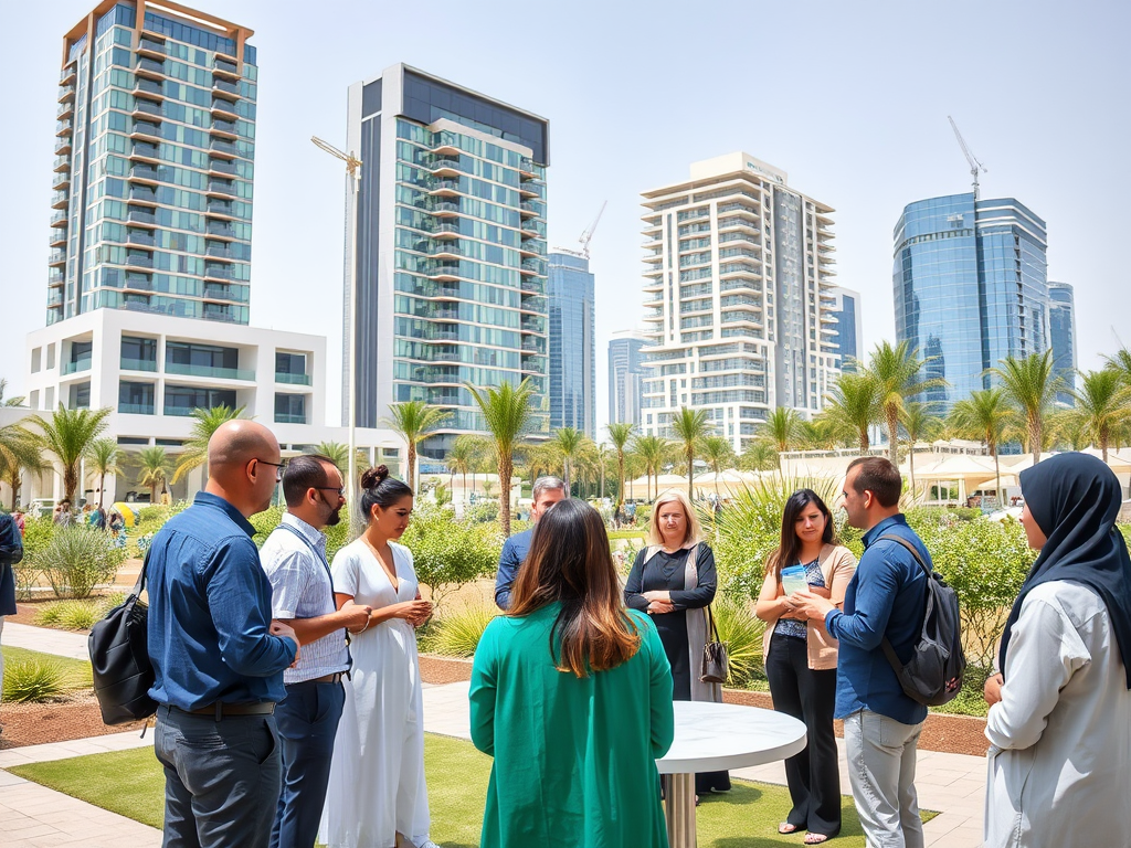 A group of people engage in conversation outdoors, surrounded by tall modern buildings and palm trees.