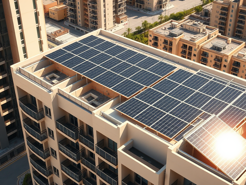 Aerial view of a building rooftop covered with solar panels, surrounded by other high-rise buildings.