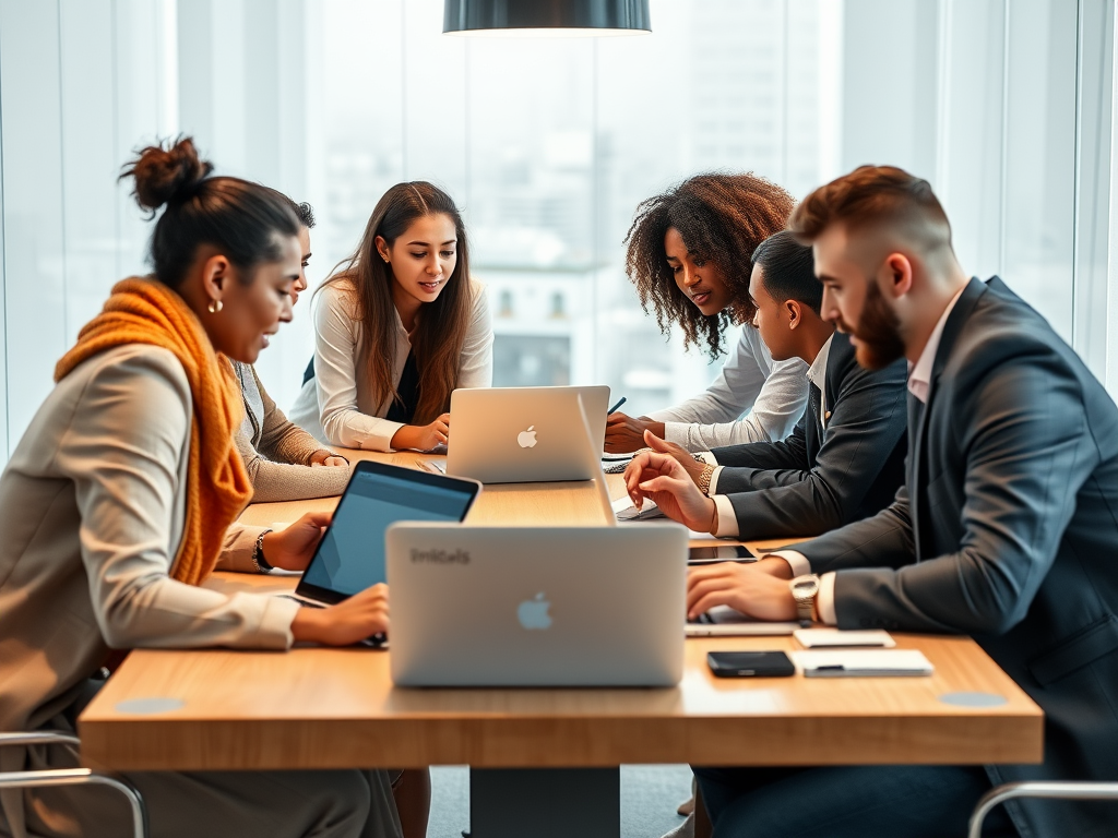 A diverse group of professionals collaborates around a table with laptops, engaged in discussion and teamwork.