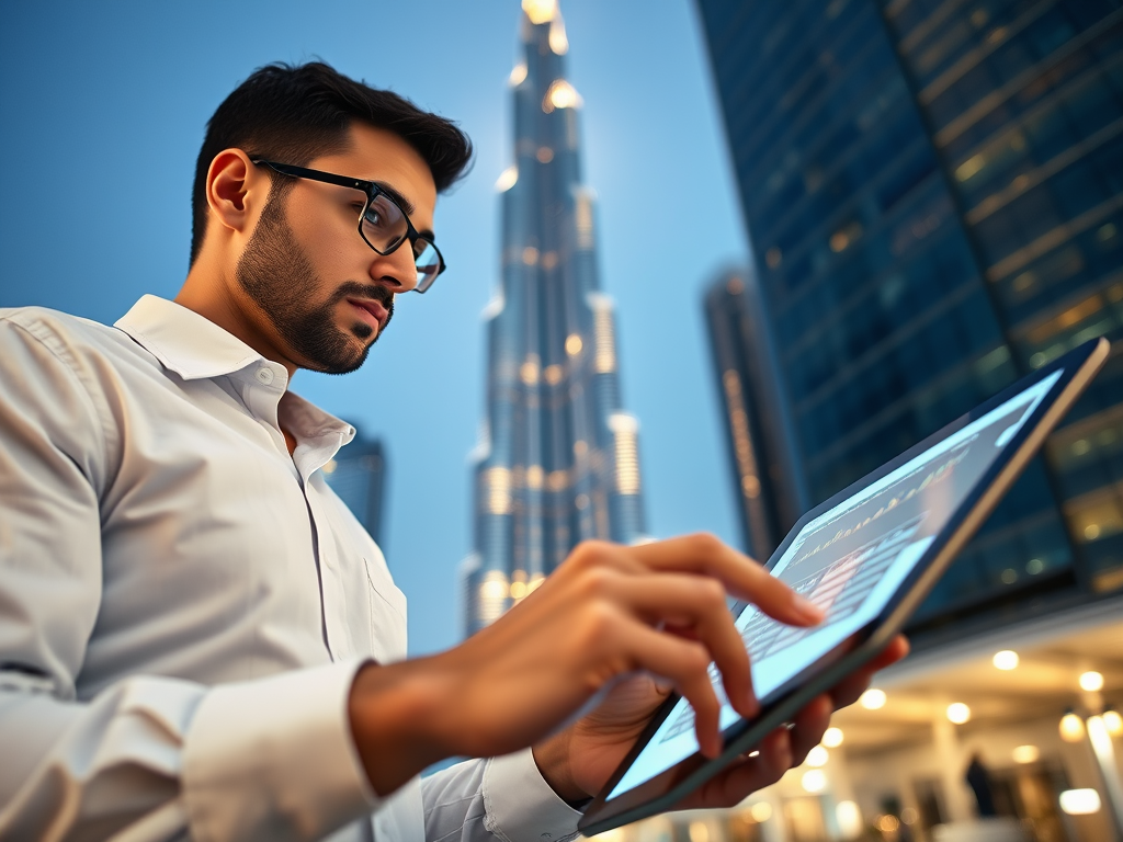 A man in a white shirt and glasses uses a tablet, with a city skyline and tall building in the background.