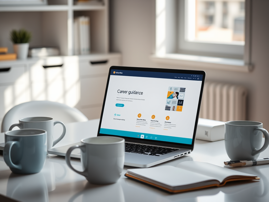 A laptop displays a career guidance webpage, surrounded by coffee mugs and a notebook on a bright table.