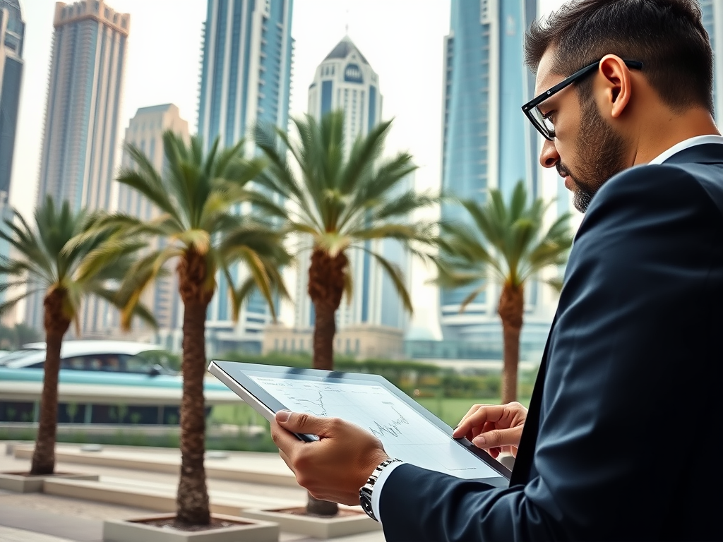 A man in a suit checks data on a tablet, surrounded by palm trees and tall skyscrapers in the background.