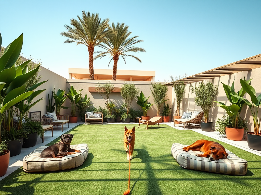 A sunny outdoor patio with two dogs relaxing on beds and palm trees, surrounded by lush greenery and comfortable seating.