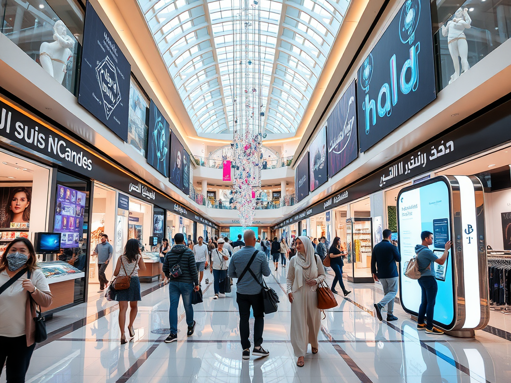 A bustling shopping mall with people walking between stores, illuminated by a glass ceiling and colorful signage.