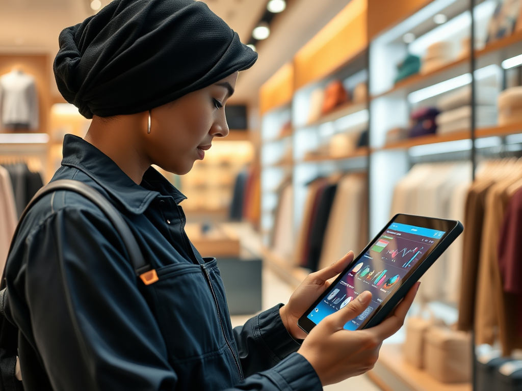 A woman in a dark outfit and headscarf examines data on a tablet in a stylish retail store.