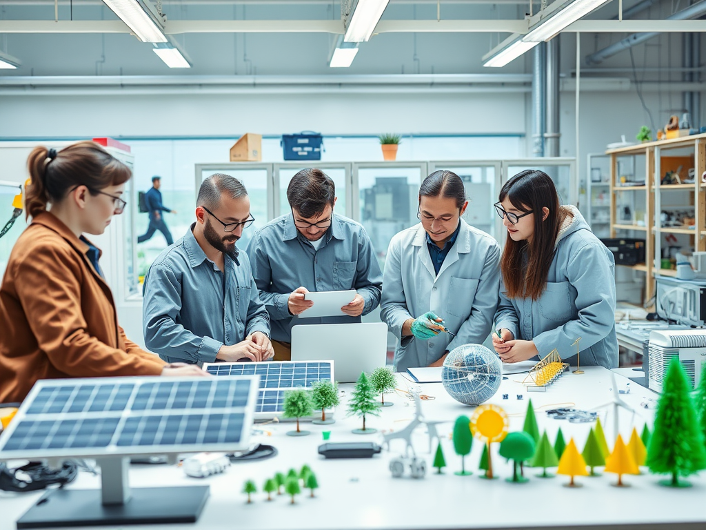 A diverse group of professionals collaborates in a lab, surrounded by solar panels and eco-friendly models.